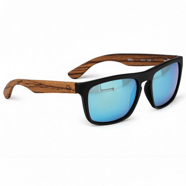 Una front view eyeglasses sunglasses rectangular eco-friendlys recycled plastic especial for corporate gift personalizado black lenses espejadas bluees in angled view Bonoboss #color_negro