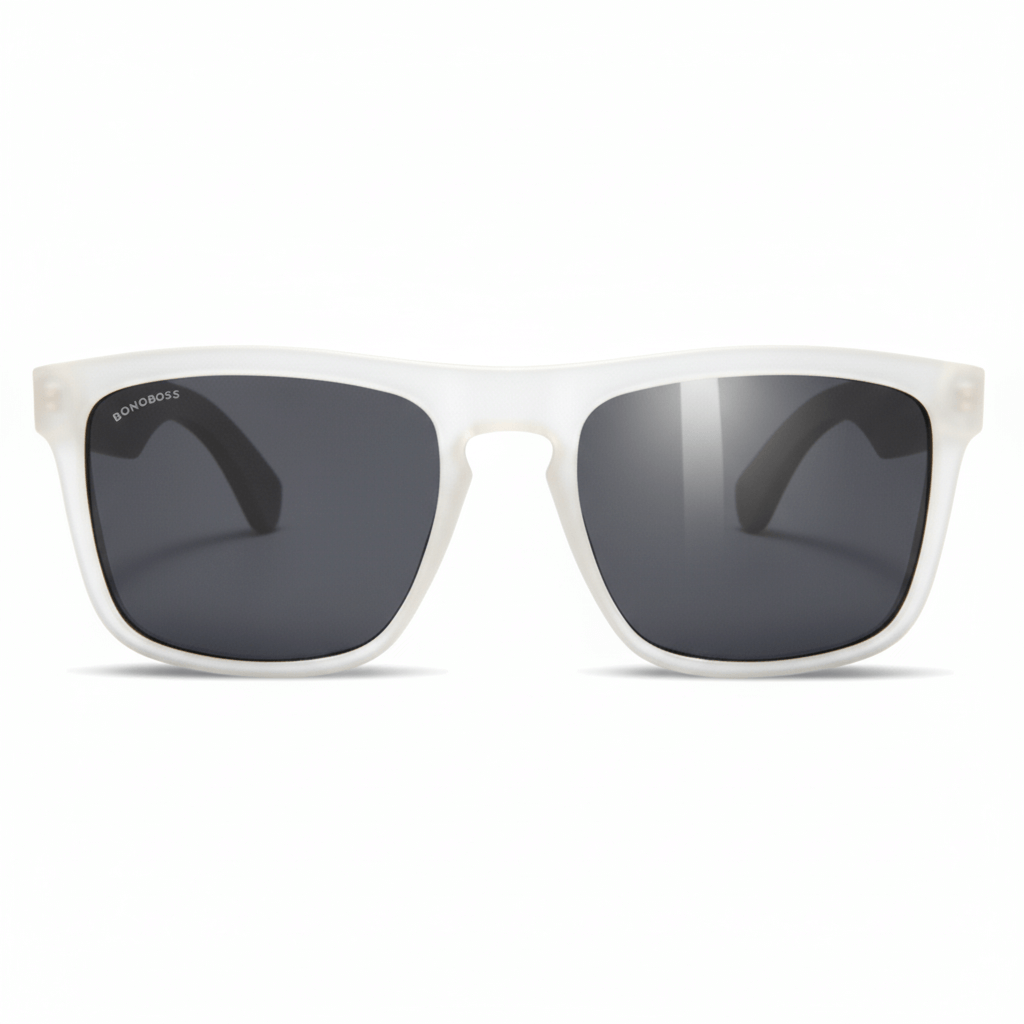 Una front view eyeglasses sunglasses rectangular eco-friendlys recycled plastic especial for corporate gift personalizado clear white with color lenses black in front view Bonoboss #color_milky-white
