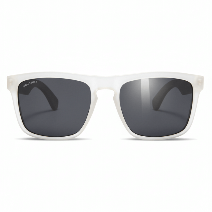 Una front view eyeglasses sunglasses rectangular eco-friendlys recycled plastic especial for corporate gift personalizado clear white with color lenses black in front view Bonoboss #color_milky-white