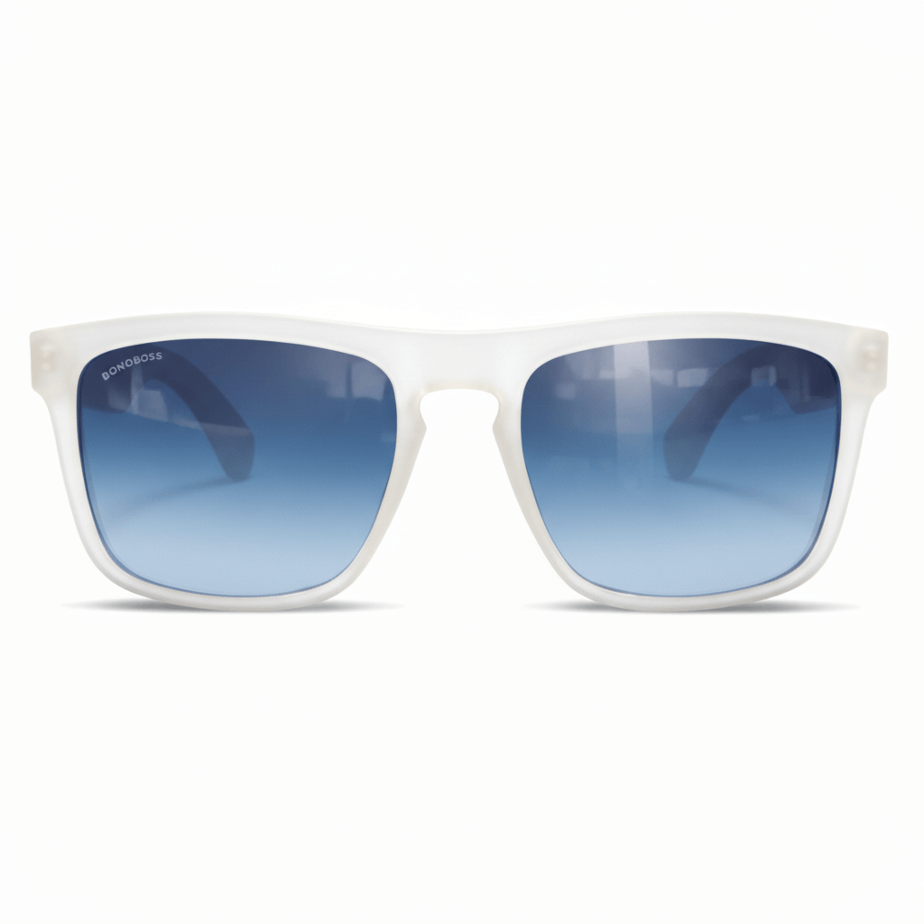 Una front view eyeglasses sunglasses rectangular eco-friendlys recycled plastic especial for corporate gift personalizado clear white with color lenses gradient blue in front view Bonoboss #color_milky-white