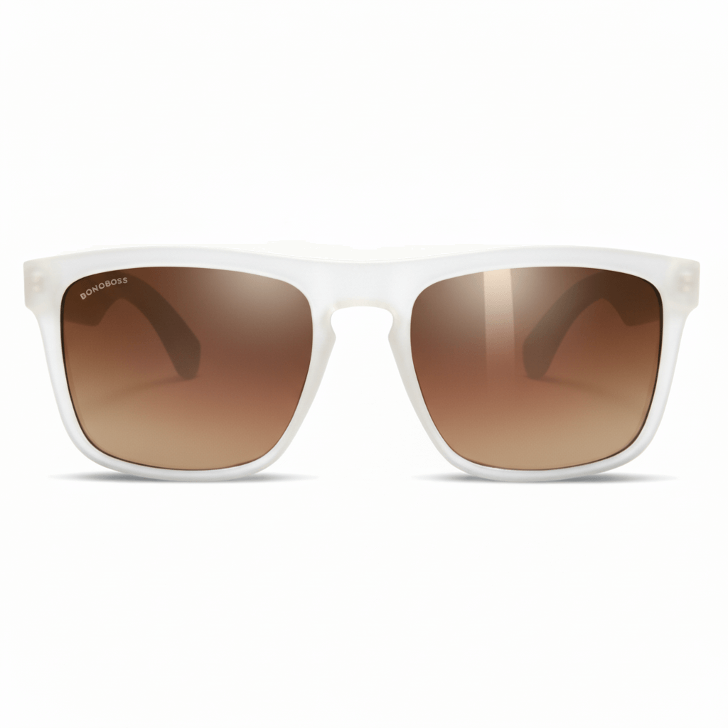 Una front view eyeglasses sunglasses rectangular eco-friendlys recycled plastic especial for corporate gift personalizado clear white with color lenses gradient brown in front view Bonoboss #color_milky-white