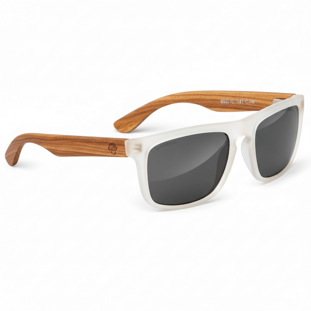 Una front view eyeglasses sunglasses rectangular eco-friendlys recycled plastic especial for corporate gift personalizado clear white with lenses black in front view Bonoboss #color_milky-white