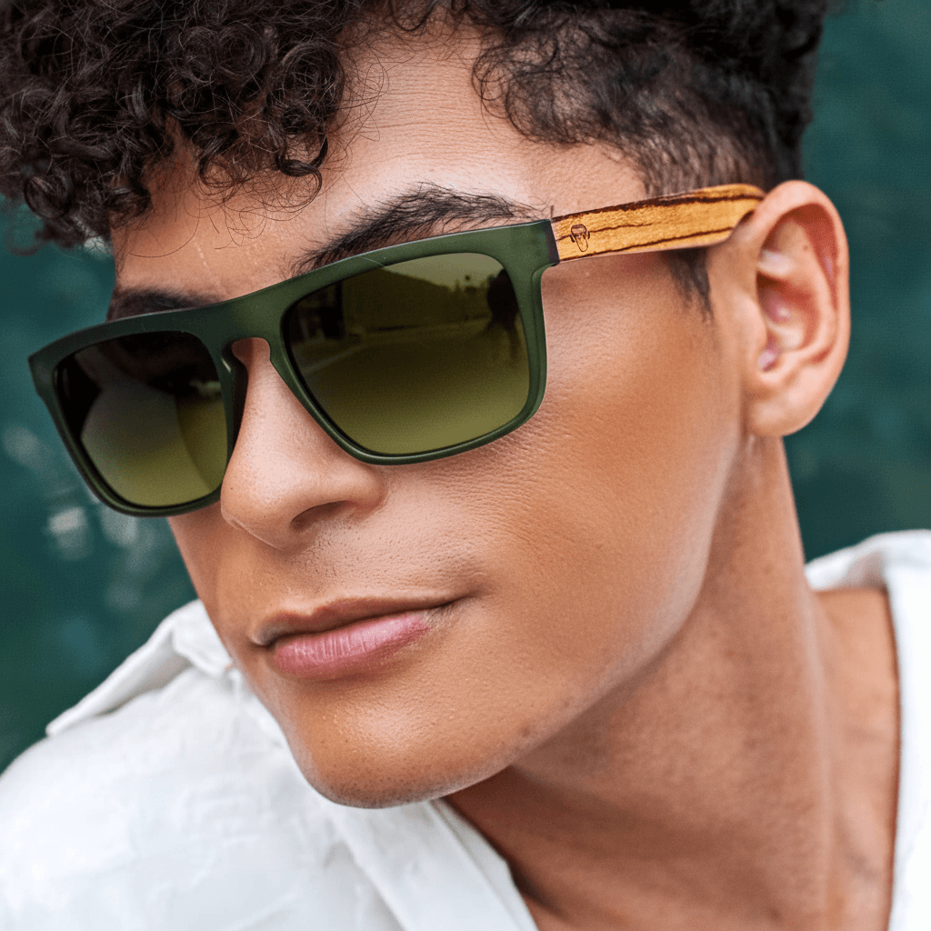 Una front view eyeglasses sunglasses rectangular eco-friendlys recycled plastic especial for corporate gift personalizado red with lenses gradient brown in angled view Bonoboss #color_wine