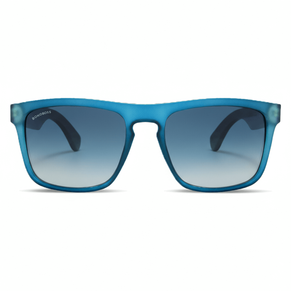 Una front view eyeglasses sunglasses rectangular eco-friendlys recycled plastic especial for corporate gift personalizado blue ocean with lenses gradient bluees in front view Bonoboss #color_ocean