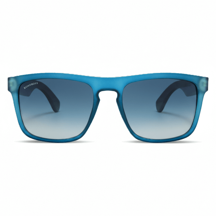 Una front view eyeglasses sunglasses rectangular eco-friendlys recycled plastic especial for corporate gift personalizado blue ocean with lenses gradient bluees in front view Bonoboss #color_ocean