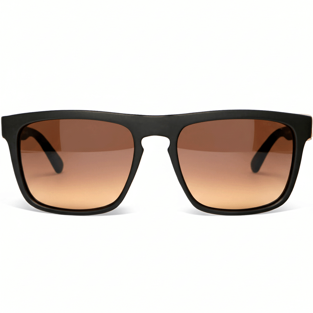 anteojos de sol rectangulares polarizados negros pata de madera natural d nogal en una vista frontal con lentes de color degrade cafe espejados silver moda #color_flash-silver