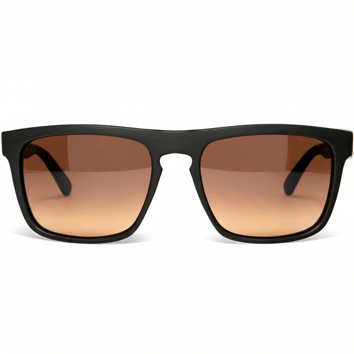 Sunglasses rectangular polarized black pata natural wood d nogal in a front view with color lenses gradient blue for migraña Bonoboss #color_degrade-azul