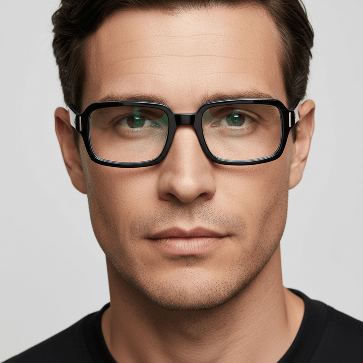 La front view a men wearing frames optical bonoboss forma rectangular blue #color_azul