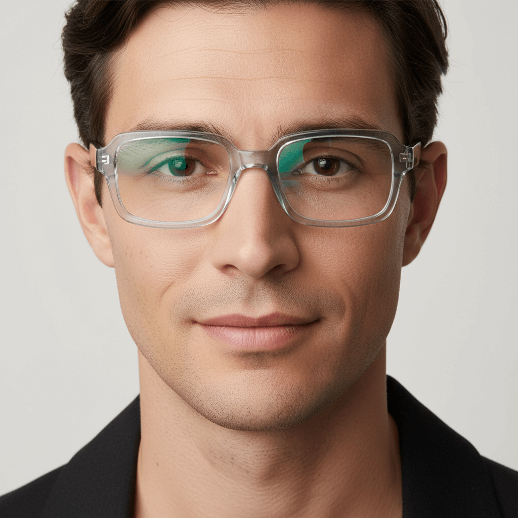 La front view a men wearing frames optical bonoboss forma rectangular clear #color_crystal-carey