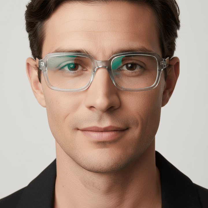 La front view a men wearing frames optical bonoboss forma rectangular clear #color_crystal-carey