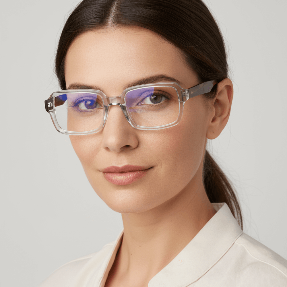 La side view a women wearing frames optical bonoboss forma rectangular clear #color_crystal-carey