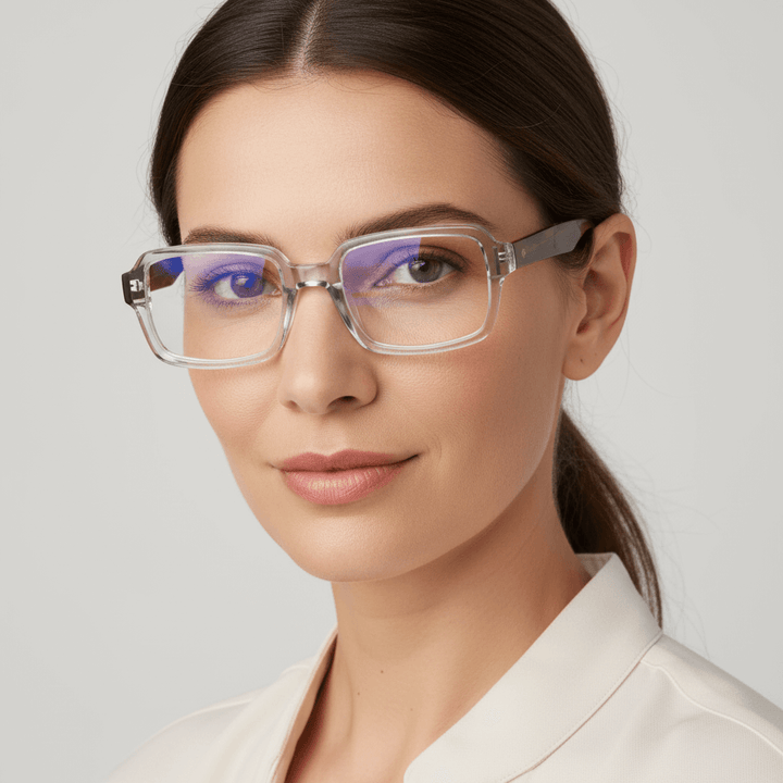 La side view a women wearing frames optical bonoboss forma rectangular clear #color_crystal-carey