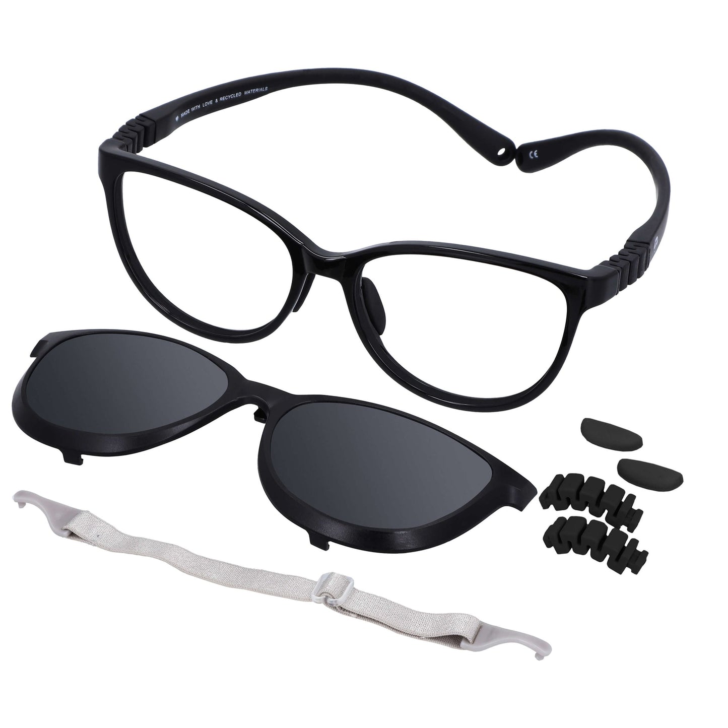 anteojos armazones de niña y niño agatados con clip de sol polarizado mica y repuestos. En la parte baja se ve un strap o colgante que incluye gratis y al costado derecho los repuestos de nosepads y bisagras. Vista angulada de un anteojo agatado de adolescentes de color negro #color_negro