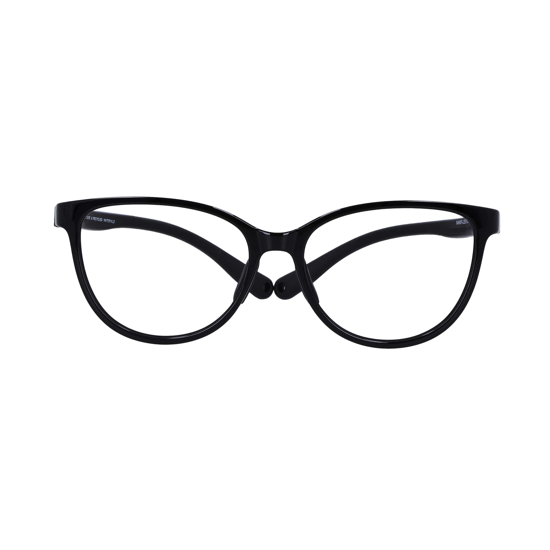 vista frontal de unos marcos o armazones para niña de forma agatada de color negro #color_negro