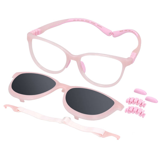 anteojos armazones de niña y niño agatados con clip de sol polarizado mica y repuestos. En la parte baja se ve un strap o colgante que incluye gratis y al costado derecho los repuestos de nosepads y bisagras. Vista angulada de un anteojo agatado de adolescentes de color rosado #color_rosado