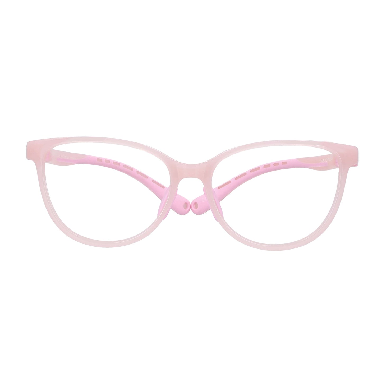 vista frontal de unos marcos o armazones para niña de forma agatada de color rosado  #color_rosado