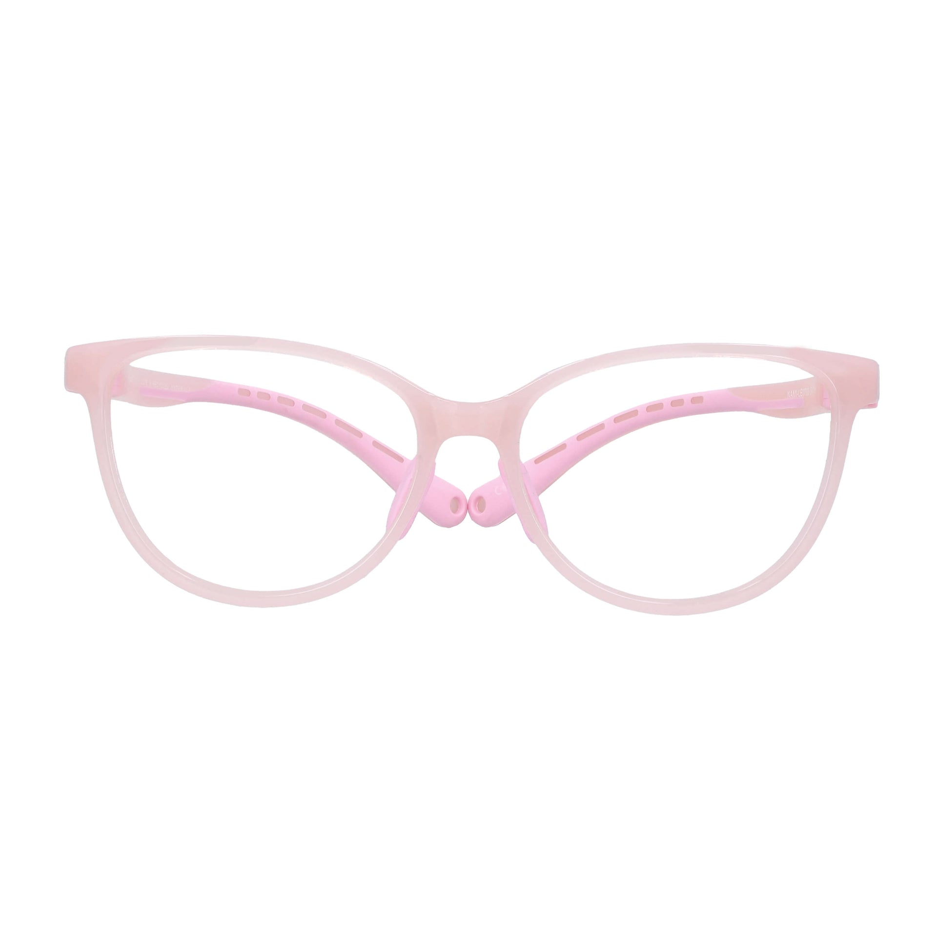 vista frontal de unos marcos o armazones para niña de forma agatada de color rosado  #color_rosado