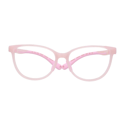 vista frontal de unos marcos o armazones para niña de forma agatada de color rosado  #color_rosado