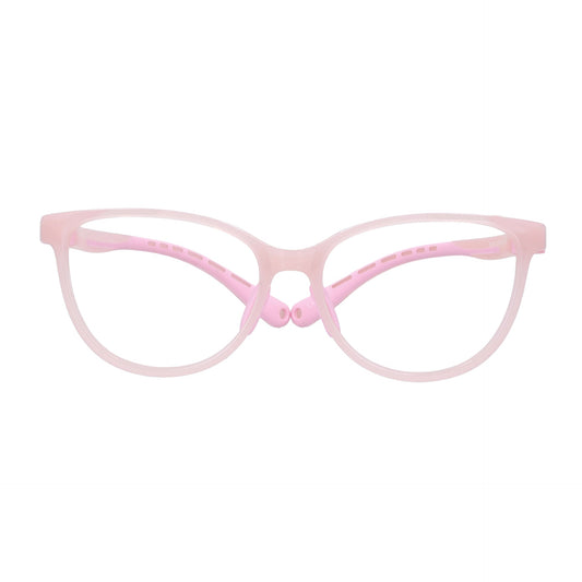vista frontal de unos marcos o armazones para niña de forma agatada de color rosado  #color_rosado
