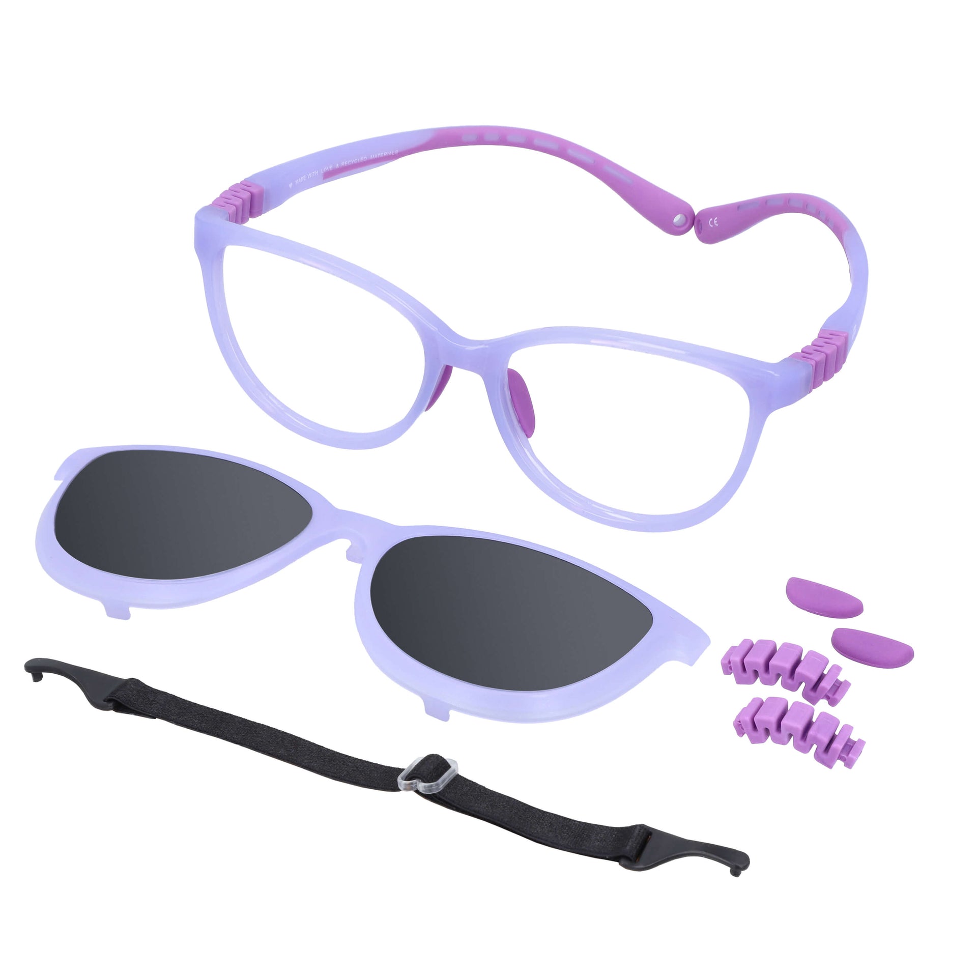 anteojos armazones de niña y niño agatados con clip de sol polarizado mica y repuestos. En la parte baja se ve un strap o colgante que incluye gratis y al costado derecho los repuestos de nosepads y bisagras. Vista angulada de un anteojo agatado de adolescentes de color morado  #color_morado