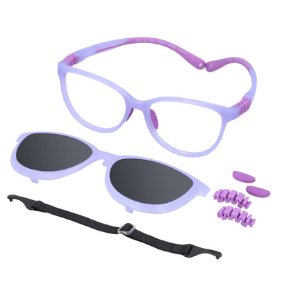 anteojos armazones de niña y niño agatados con clip de sol polarizado mica y repuestos. En la parte baja se ve un strap o colgante que incluye gratis y al costado derecho los repuestos de nosepads y bisagras. Vista angulada de un anteojo agatado de adolescentes de color morado  #color_morado