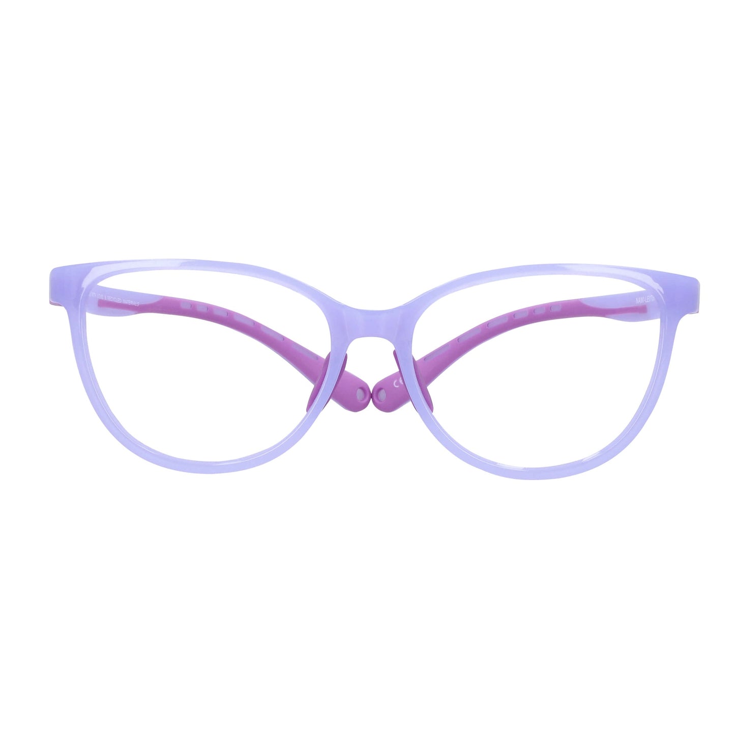 vista frontal de unos marcos o armazones para niña de forma agatada de color morado #color_morado