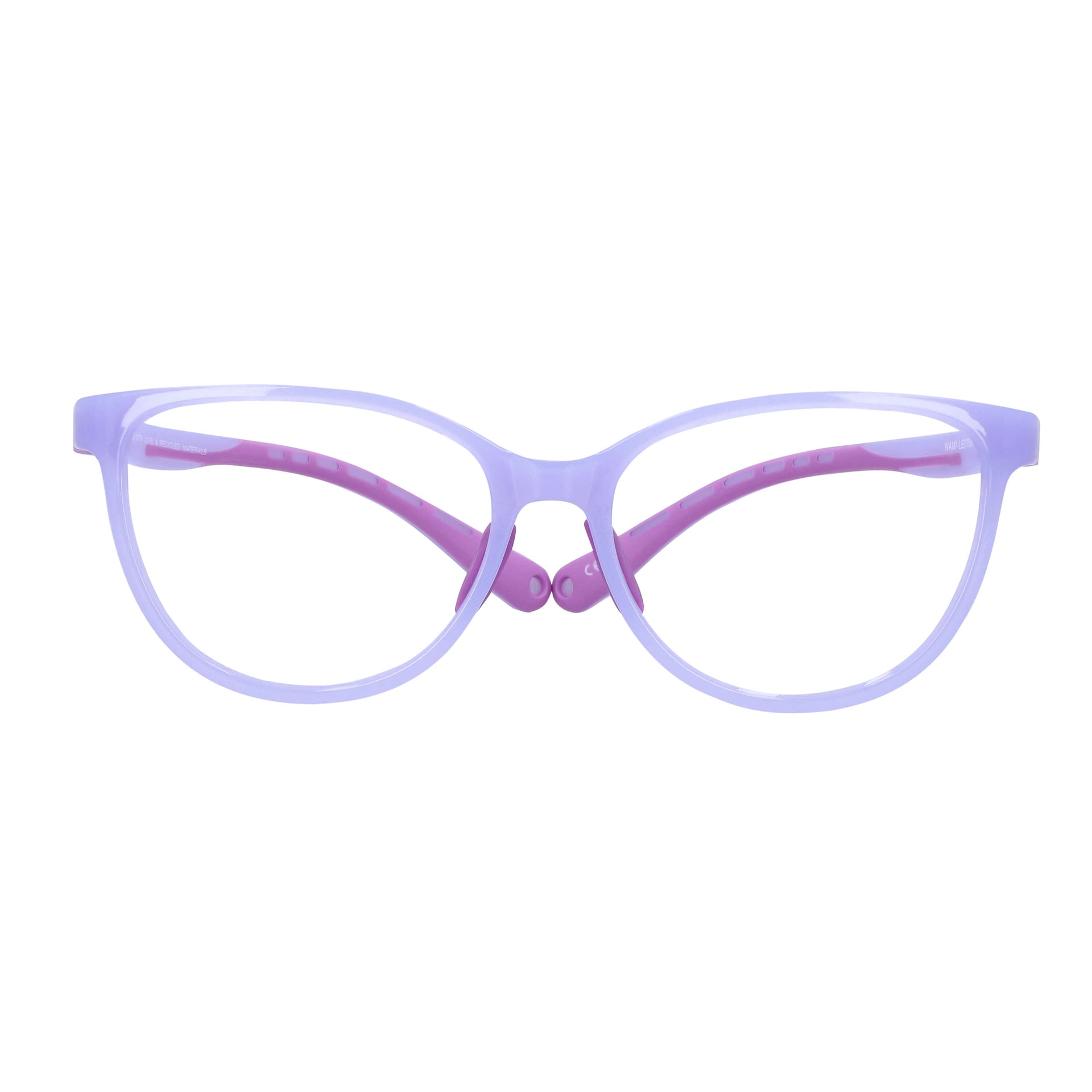 vista frontal de unos marcos o armazones para niña de forma agatada de color morado #color_morado