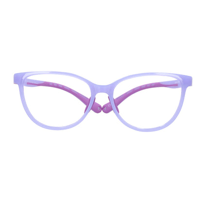 vista frontal de unos marcos o armazones para niña de forma agatada de color morado #color_morado