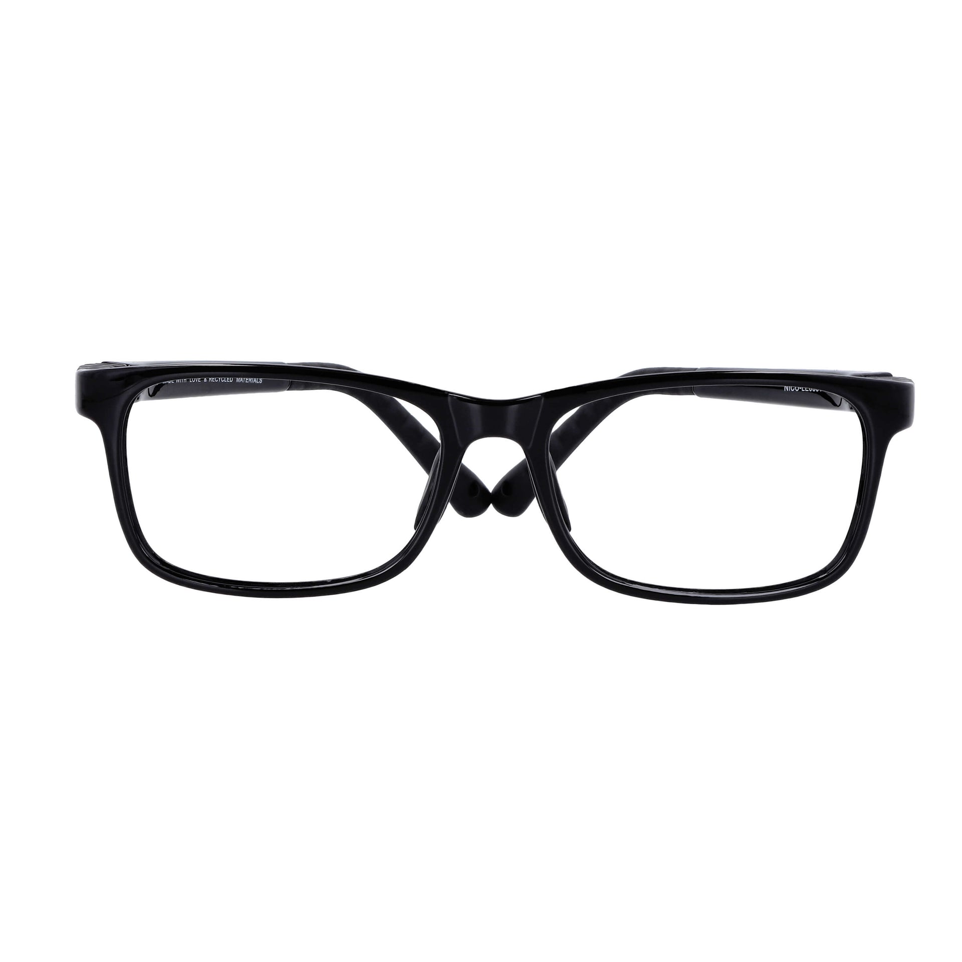 anteojos ópticos con receta para niños y niñas de forma rectangular y clip para el sol polarizado. La vista es frontal y el color del armazón es negro #color_negro