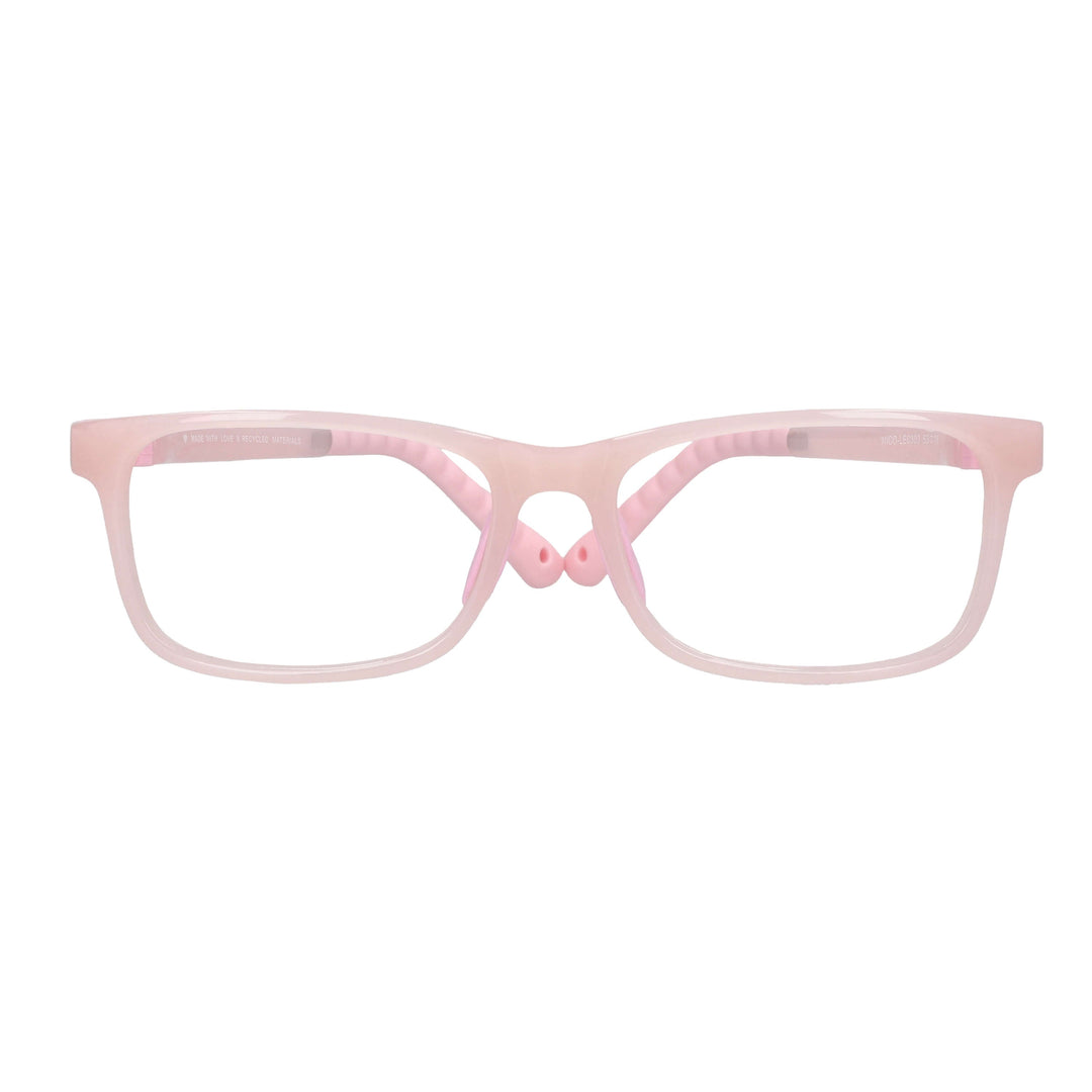 Eyeglasses optical prescription for kids and kids forma rectangular and clip for the sun polarized. the vista es front and the color of the frame es pink Bonoboss #color_rosado