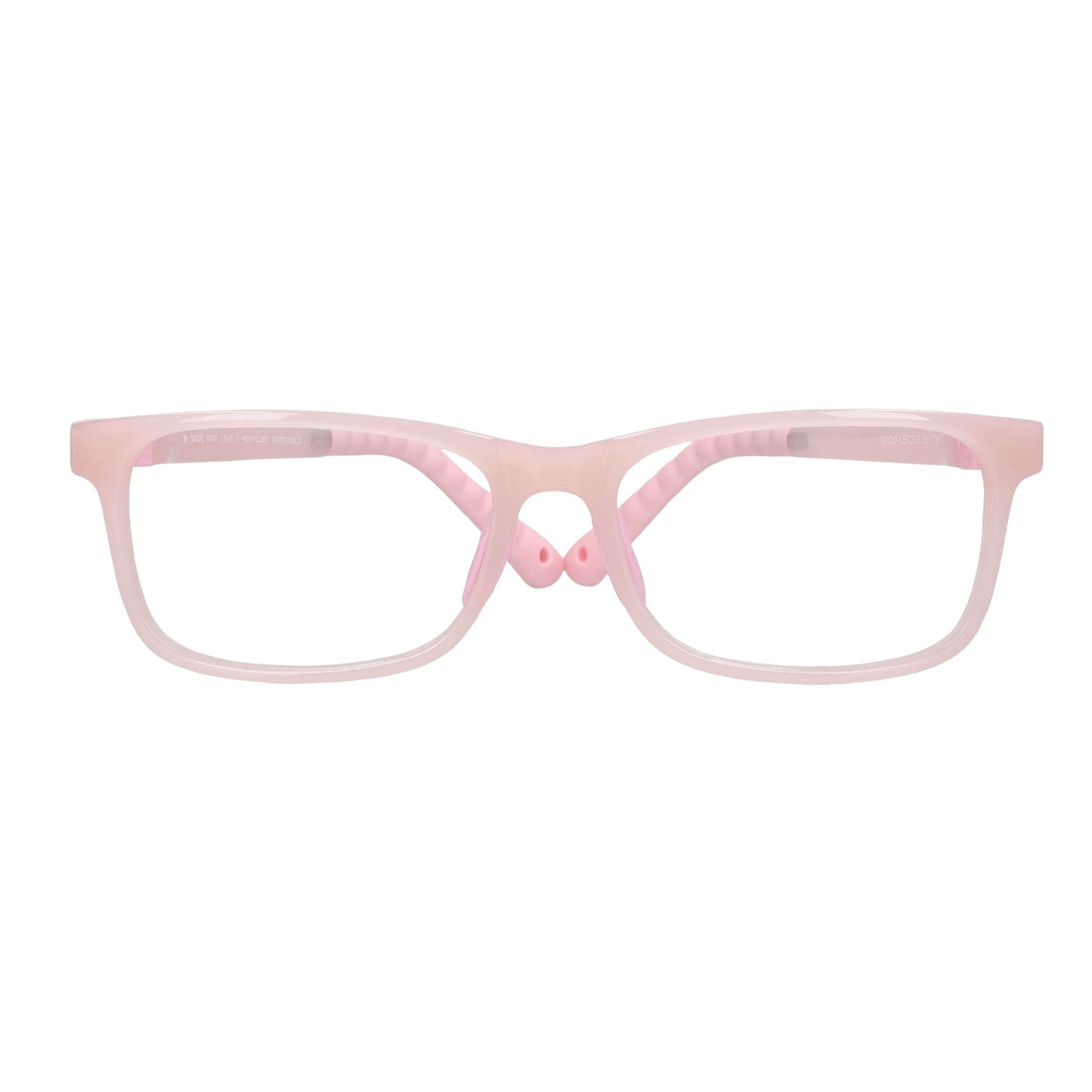 anteojos ópticos con receta para niños y niñas de forma rectangular y clip para el sol polarizado. La vista es frontal y el color del armazón es rosado #color_rosado