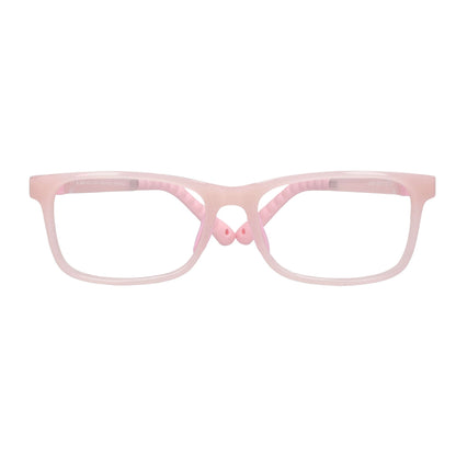 anteojos ópticos con receta para niños y niñas de forma rectangular y clip para el sol polarizado. La vista es frontal y el color del armazón es rosado #color_rosado