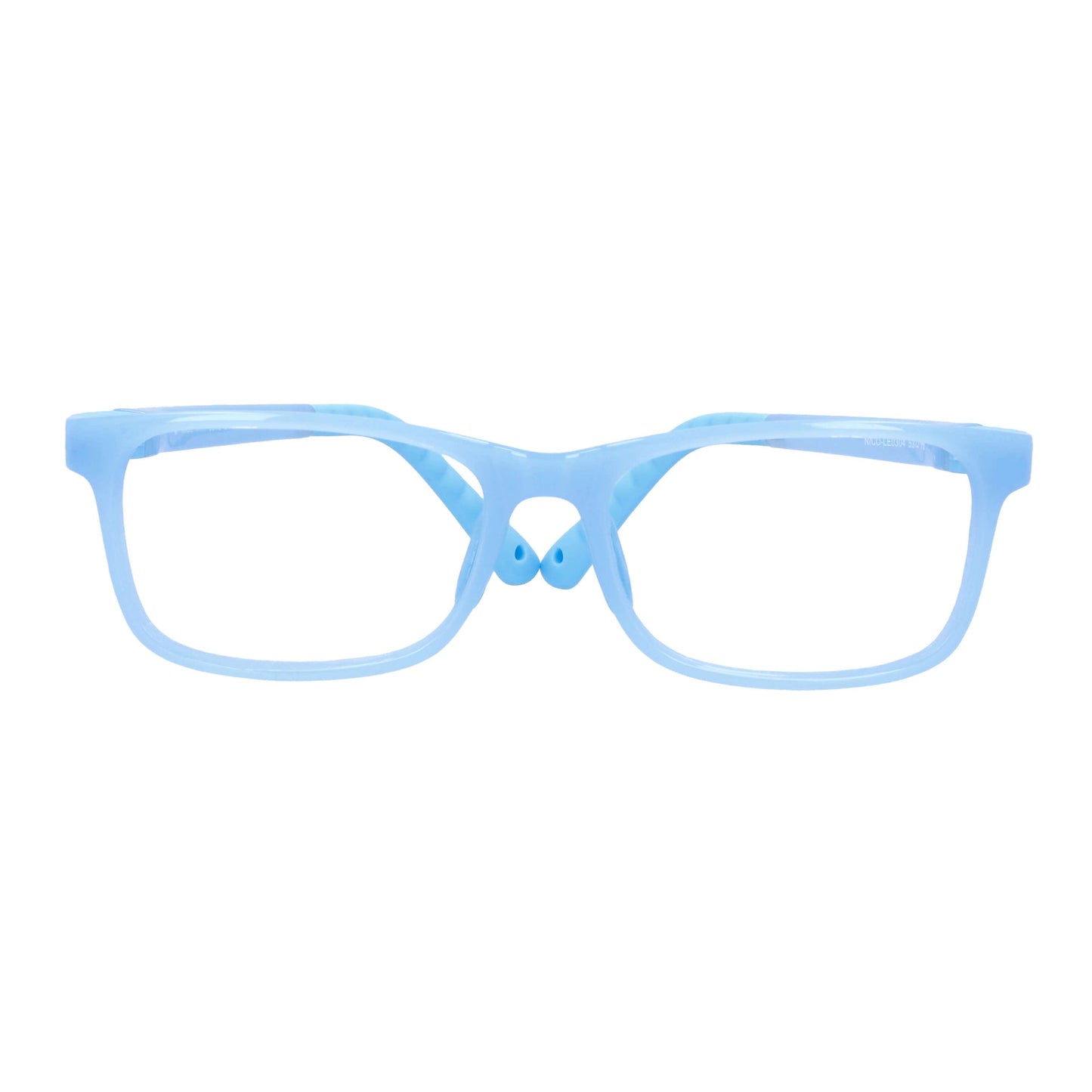 anteojos ópticos con receta para niños y niñas de forma rectangular y clip para el sol polarizado. La vista es frontal y el color del armazón es azul o celeste #color_azul