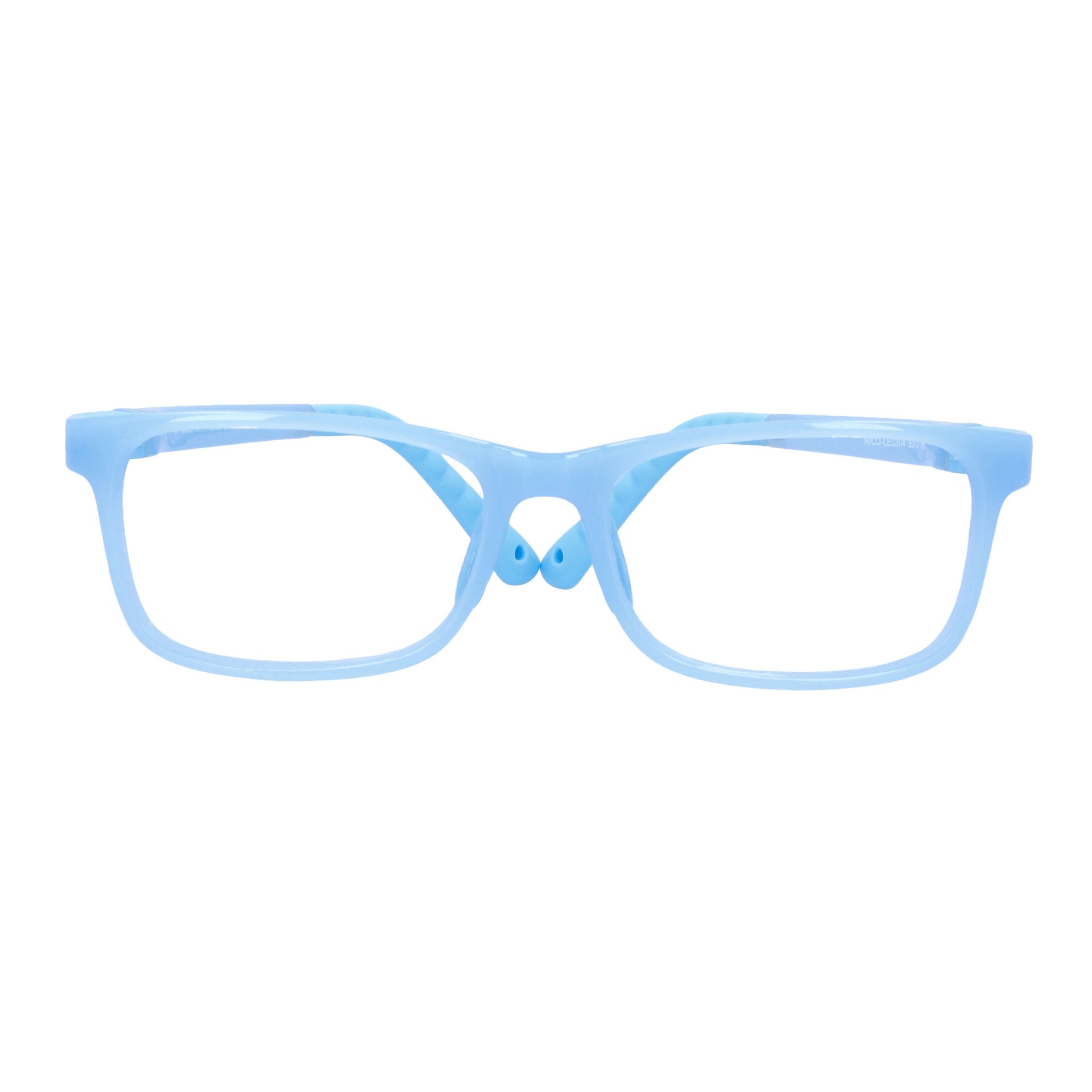 anteojos ópticos con receta para niños y niñas de forma rectangular y clip para el sol polarizado. La vista es frontal y el color del armazón es azul o celeste #color_azul