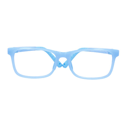 anteojos ópticos con receta para niños y niñas de forma rectangular y clip para el sol polarizado. La vista es frontal y el color del armazón es azul o celeste #color_azul