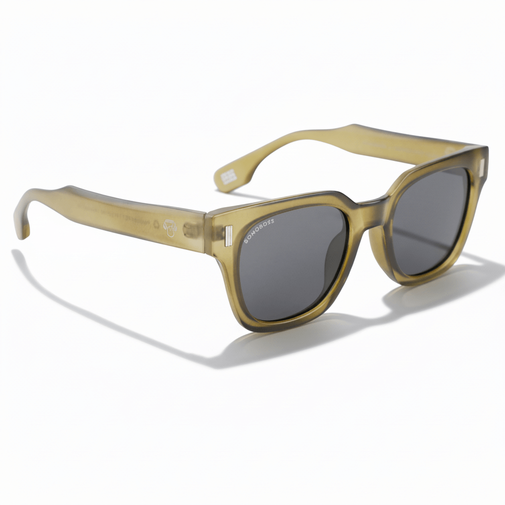 Front view unos eyeglasses gafa sun polarized forma rectangular cuadrada hechos with botellas plasticas recycleds and with lenses polarized brown Bonoboss #color_olive