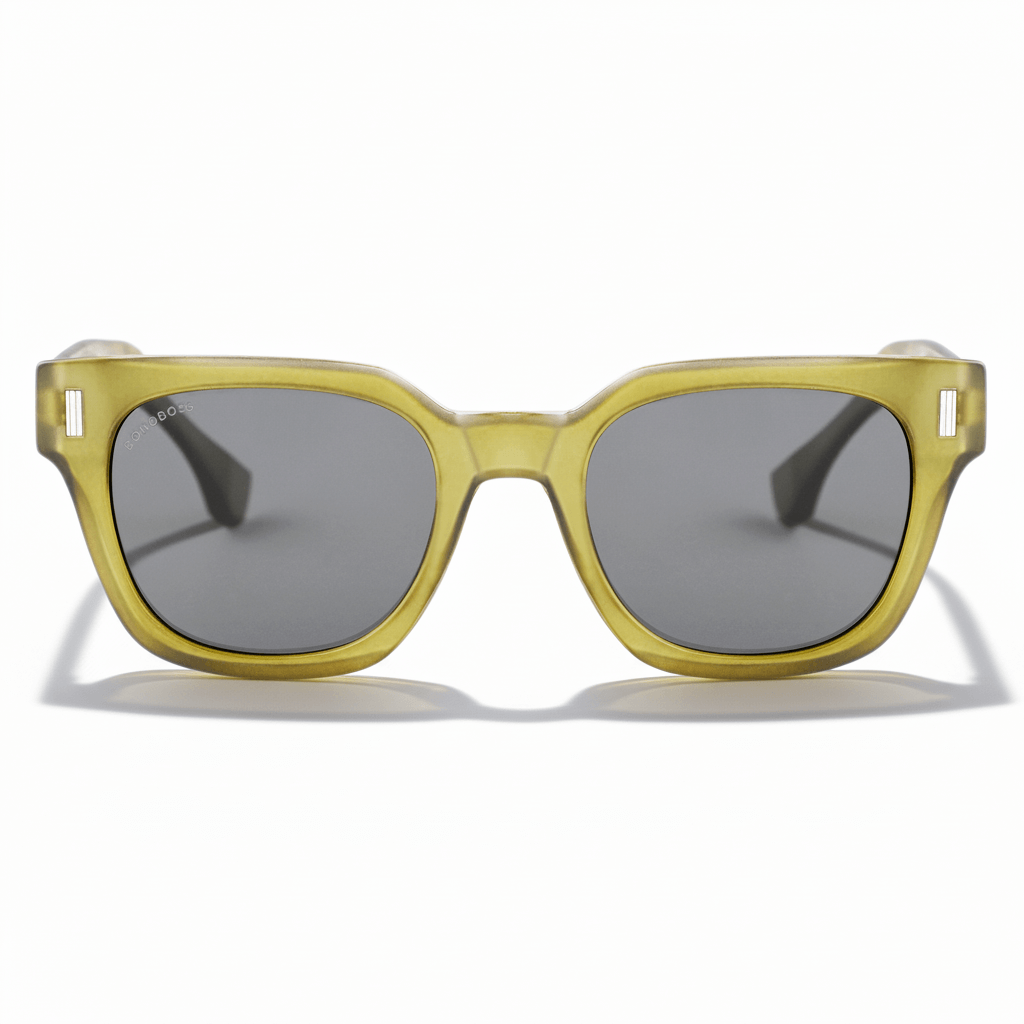 Front view unos eyeglasses gafa sun polarized forma rectangular cuadrada hechos with botellas plasticas recycleds and with lenses polarized brown Bonoboss #color_olive