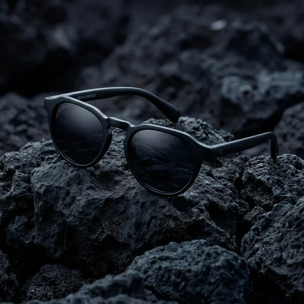 Lentes sol Galapagos polarizados UV400 acetato madera negro smoke sobre roca volcanica textura natural Bonoboss #editorial_polarizado #color_negro-smoke