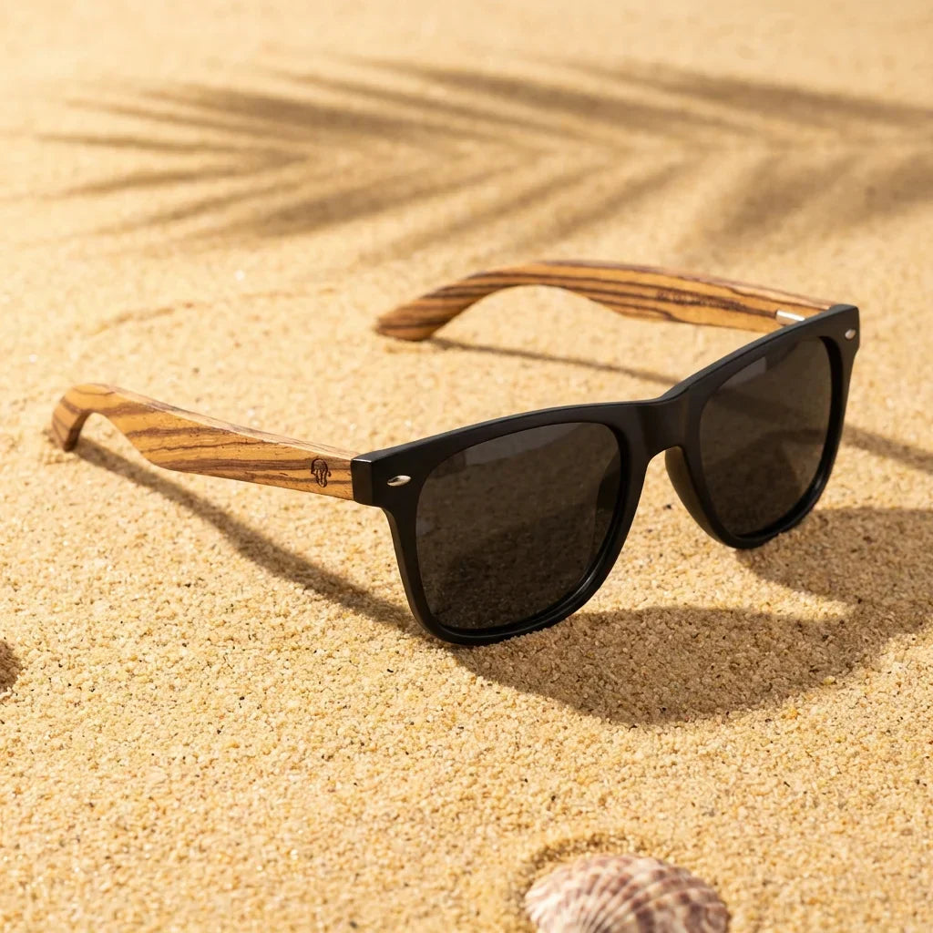 Lenses sun acacia polarized UV400 wood zebrawood black smoke sobre arena dorada costa textura natural bonoboss #editorial_detail1 #color_negro-smoke