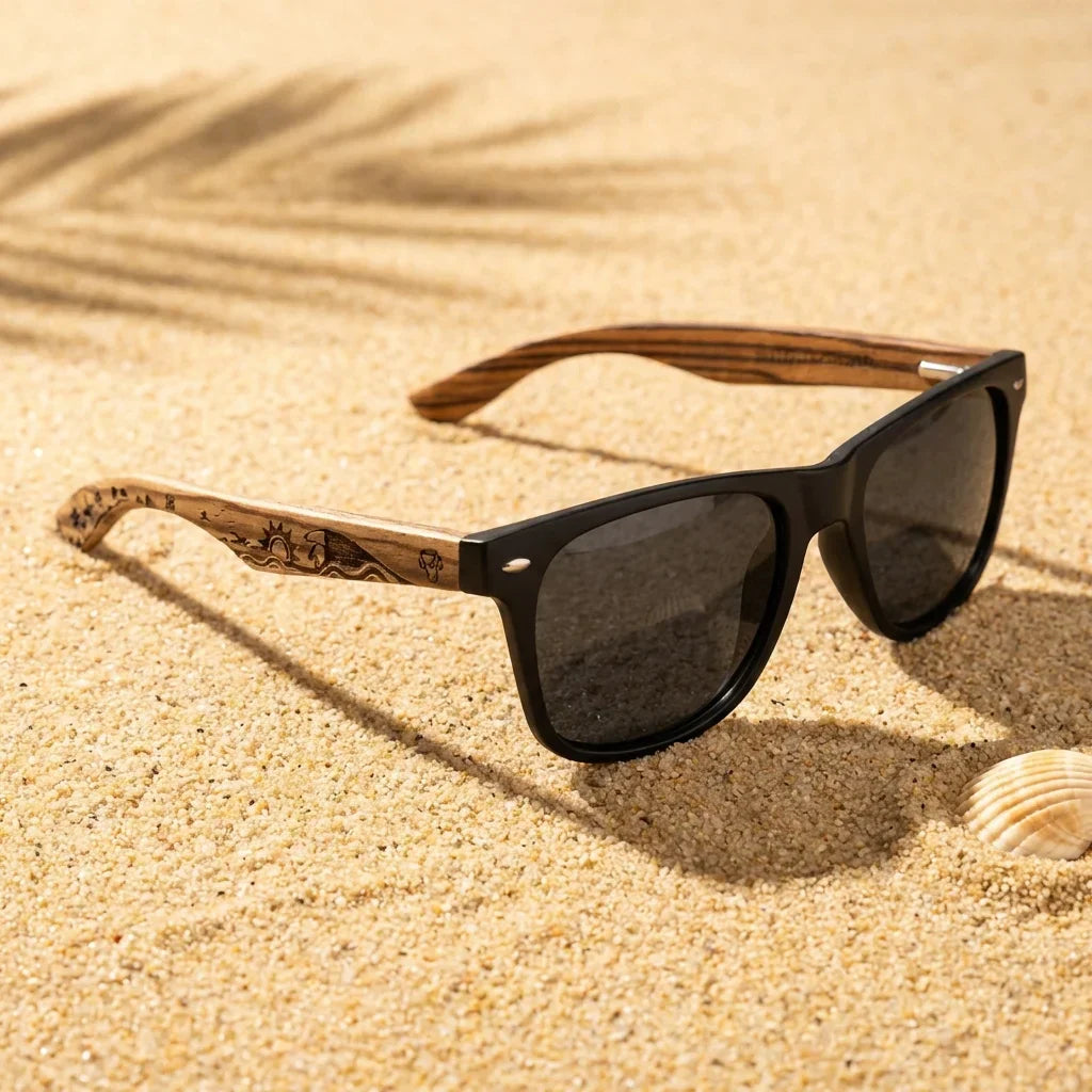 Lenses sun acacia designers polarized UV400 surf sobre arena dorada textura natural costa bonoboss #editorial_grid1 #color_surf