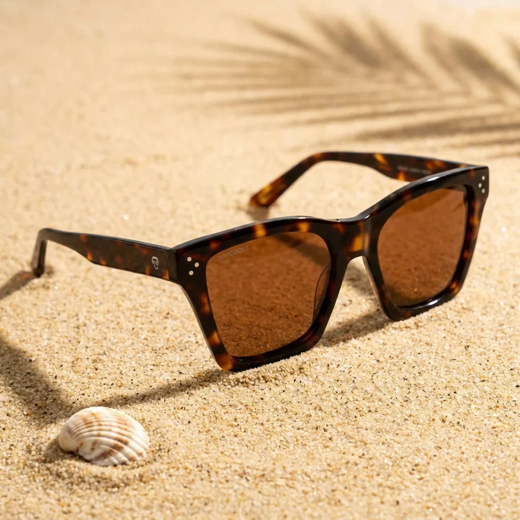 Lenses sun bruna retro polarized UV400 tortoise sobre arena dorada textura natural costa bonoboss #editorial_grid1 #color_carey