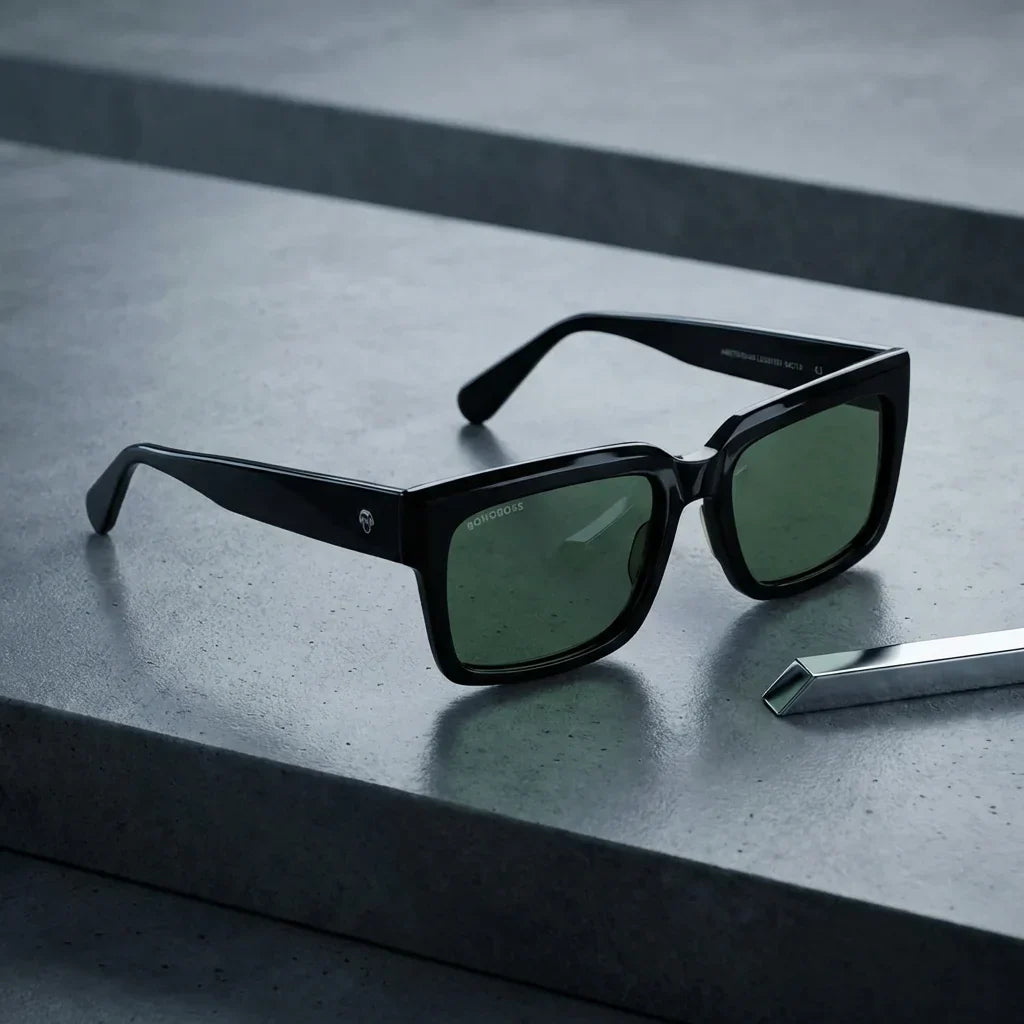 Lentes sol Amsterdam polarizados UV400 negro sobre concreto urbano textura industrial Bonoboss #editorial_polarizado #color_negro