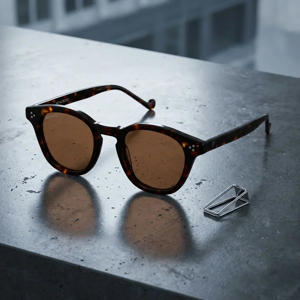 Lentes sol Lenga polarizados UV400 bio-acetato Carey sobre concreto urbano textura industrial Bonoboss #editorial_polarizado #color_carey