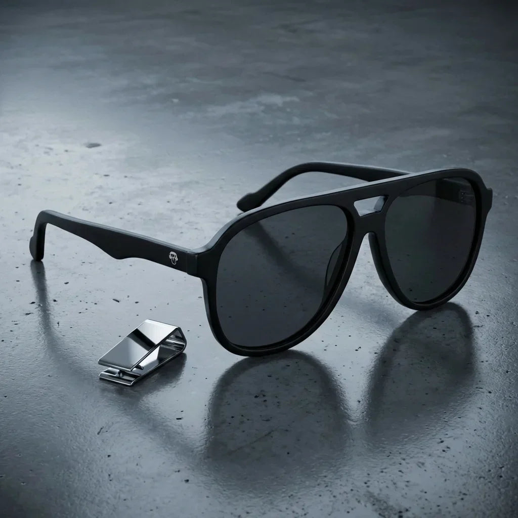 Lenses sun orson polarized UV400 bio-acetate black sobre concreto urbano textura industrial detalle bonoboss #editorial_grid1 #color_negro