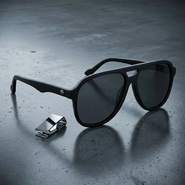 Lenses sun orson polarized UV400 bio-acetate black sobre concreto urbano textura industrial detalle bonoboss #editorial_grid1 #color_negro