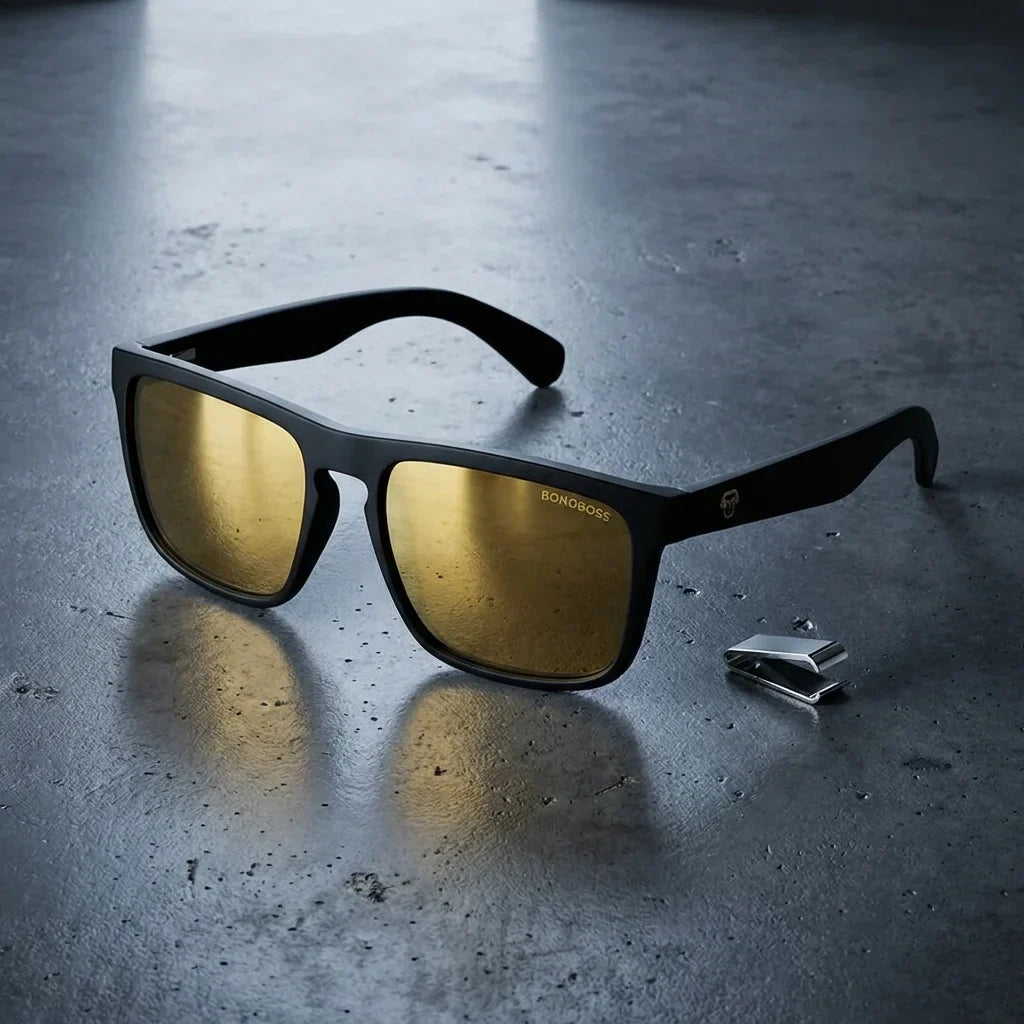 Lentes sol Lautaro Dark polarizados UV400 acetato espejado dorado sobre concreto urbano textura industrial Bonoboss #editorial_grid1 #color_espejado-dorado