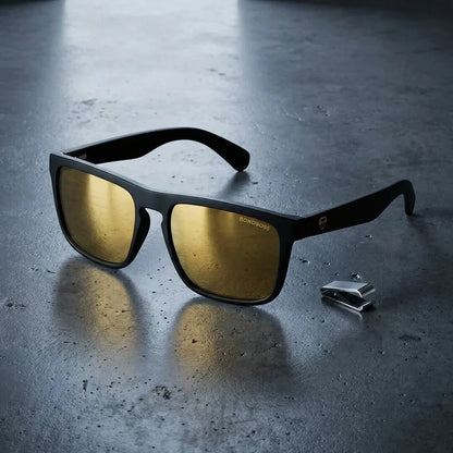 Lentes sol Lautaro Dark polarizados UV400 acetato espejado dorado sobre concreto urbano textura industrial Bonoboss #editorial_grid1 #color_espejado-dorado