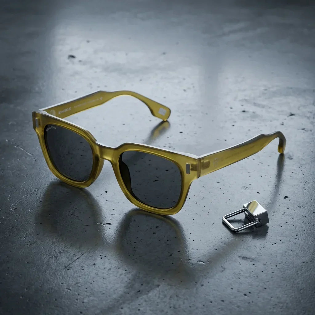 Lentes sol Osorno RPET polarizados UV400 reciclado olive sobre concreto urbano textura industrial Bonoboss #editorial_grid1 #color_olive