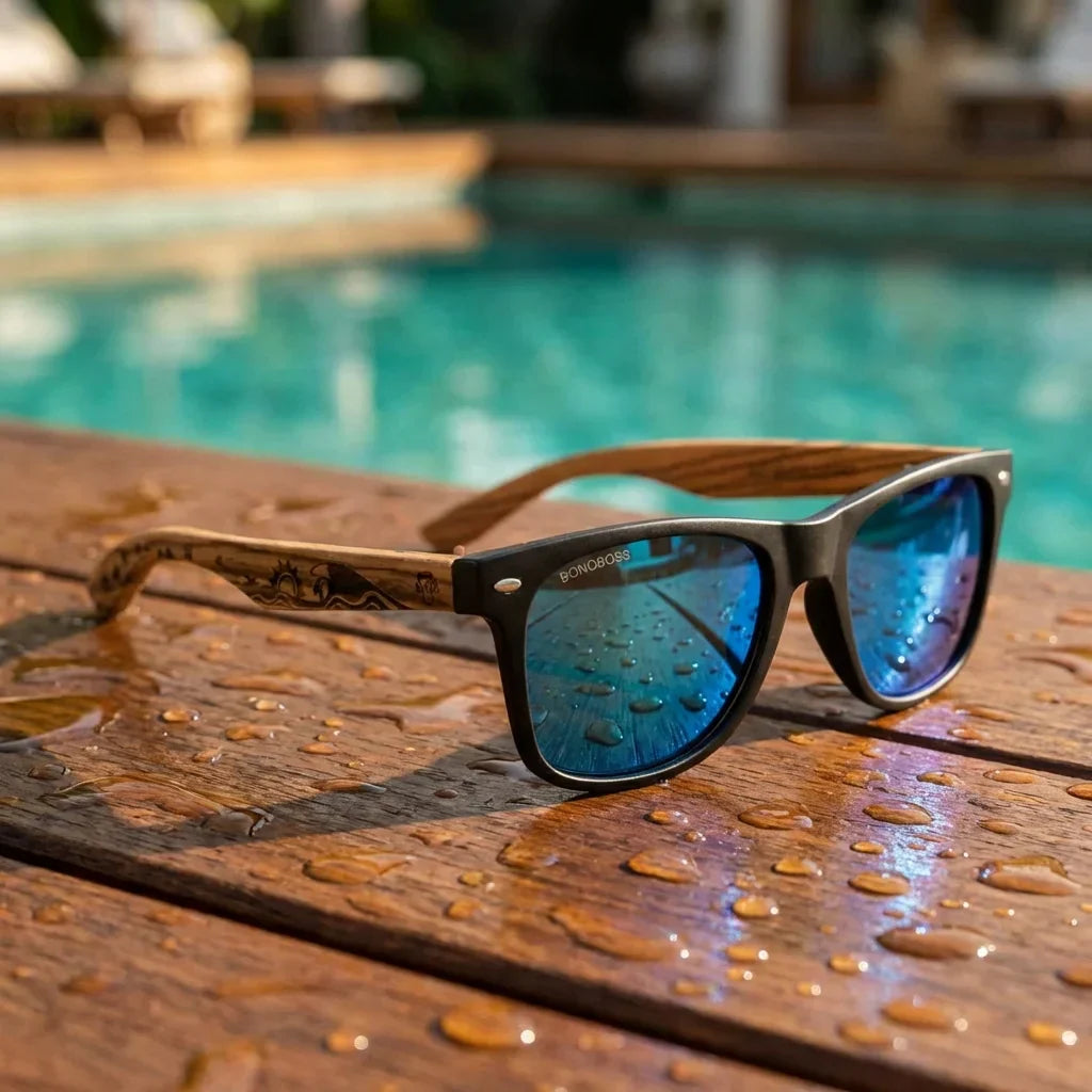 Lentes sol Acacia Designers polarizados UV400 surf sky sobre teca con agua fresca Bonoboss #editorial_grid1 #color_surf-sky