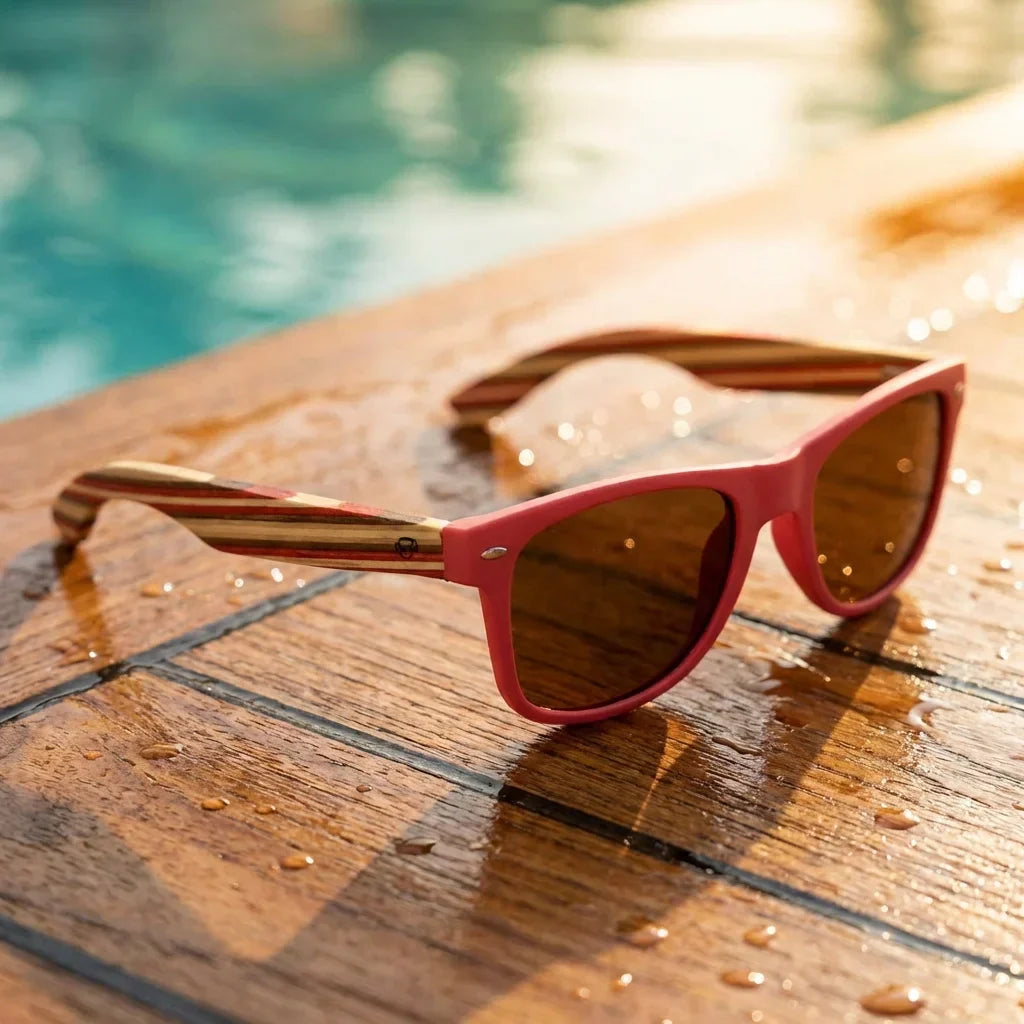 Lentes sol Acacia polarizados UV400 madera zebrano Rosado Brown sobre madera teca con agua fresca Bonoboss #editorial_grid1 #color_rosado-brown